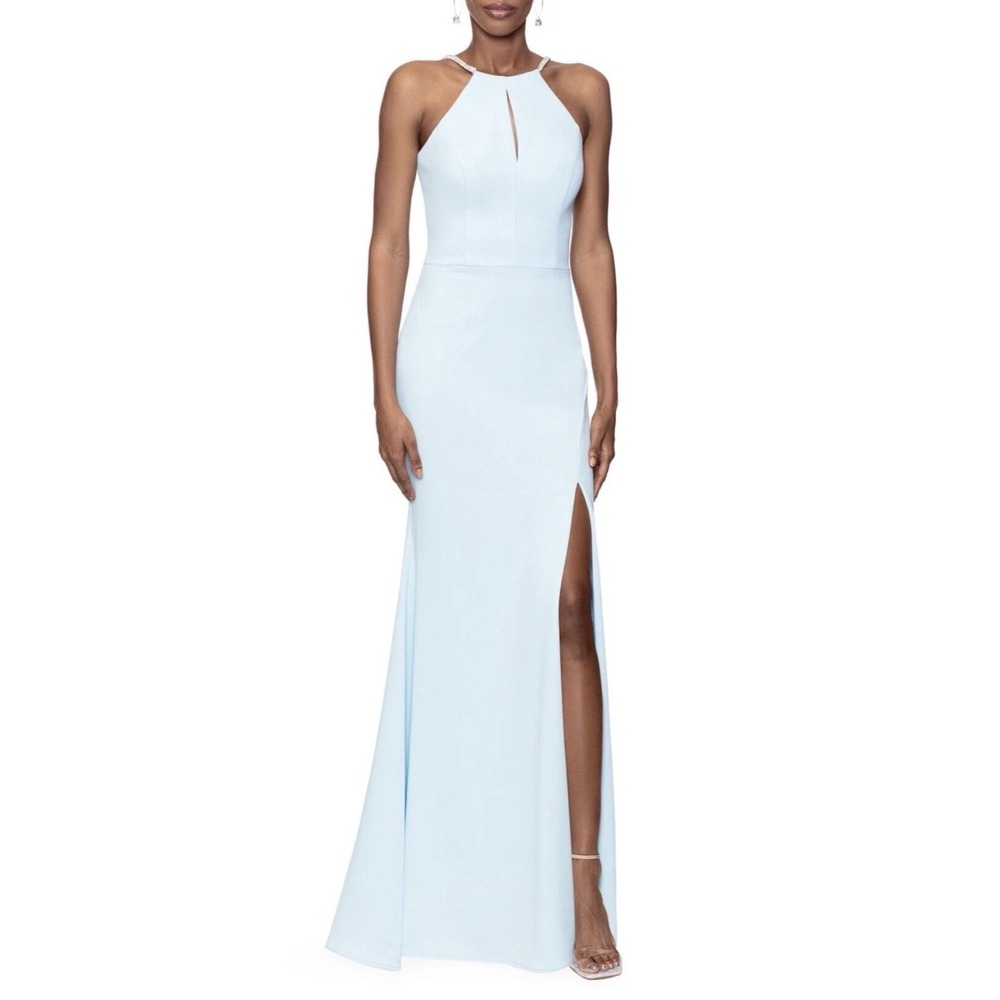 XSCAPE Aquaโ KYHLE Rhinestone Trim Strap KEYHOLE Evening Dress MERMAID GOWN